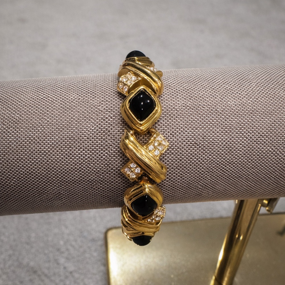 Vintage Nolan Miller Goldtone THE ECLIPSE Bracelet Faux Onyx & Rhinestones